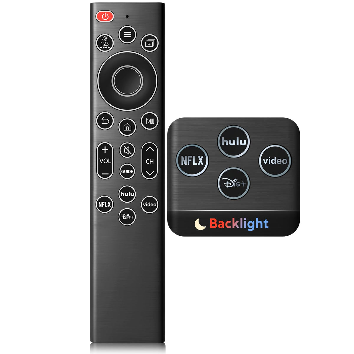 OMAIC remote front view showing full keypad and clear labels for easy control