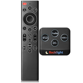 OMAIC remote front view showing full keypad and clear labels for easy control