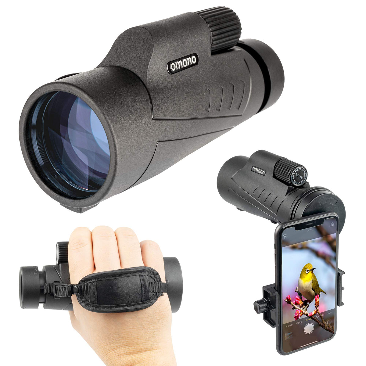 Omano Smithsonian 12x50 monocular front view with crisp detail for outdoor viewing.