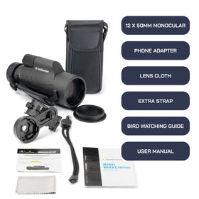 Omano Smithsonian 12x50 monocular side view highlighting ergonomic grip for extended use.