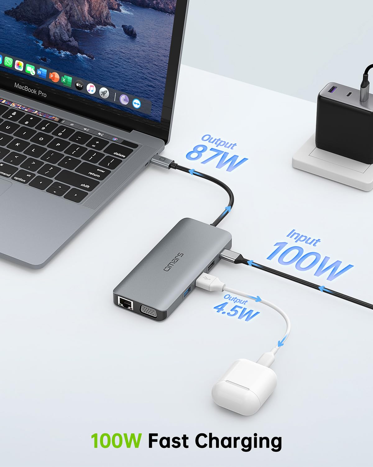 Omars hub beside a laptop illustrating scale and portable multiport convenience