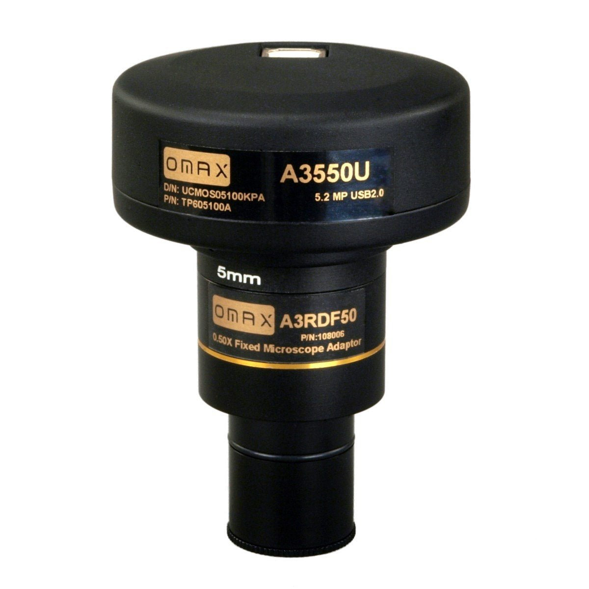 OMAX 5MP digital USB microscope camera for high-resolution inspection and capture.