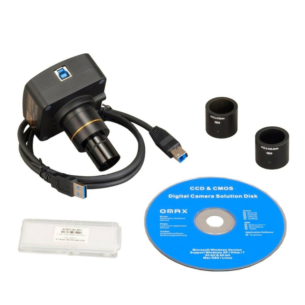 OMAX A3550U3 USB connection shows plug-and-play USB 3.0 compatibility.