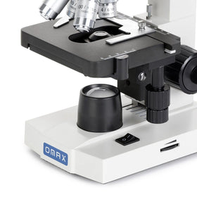 OMAX binocular head with 360-degree rotation enables flexible viewing angles.