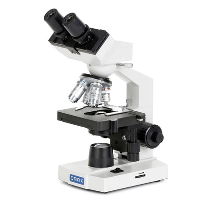 OMAX lab microscope front view highlights sturdy build and ready-to-use optics.