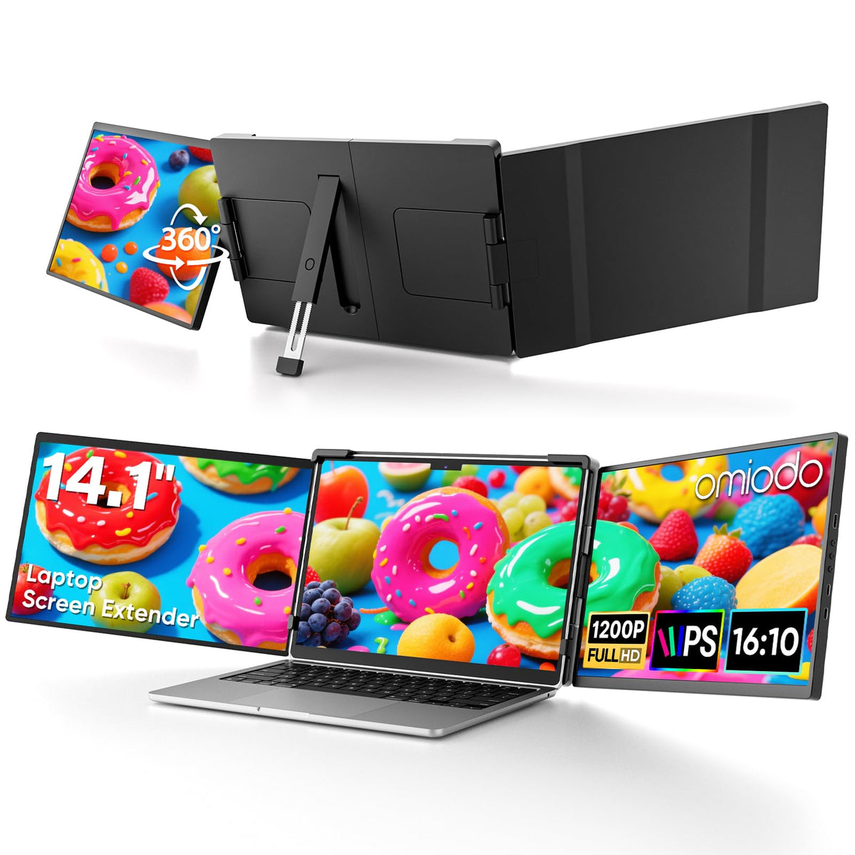 Omiodo 14in screen extender displays a triple-monitor setup for on-the-go productivity.