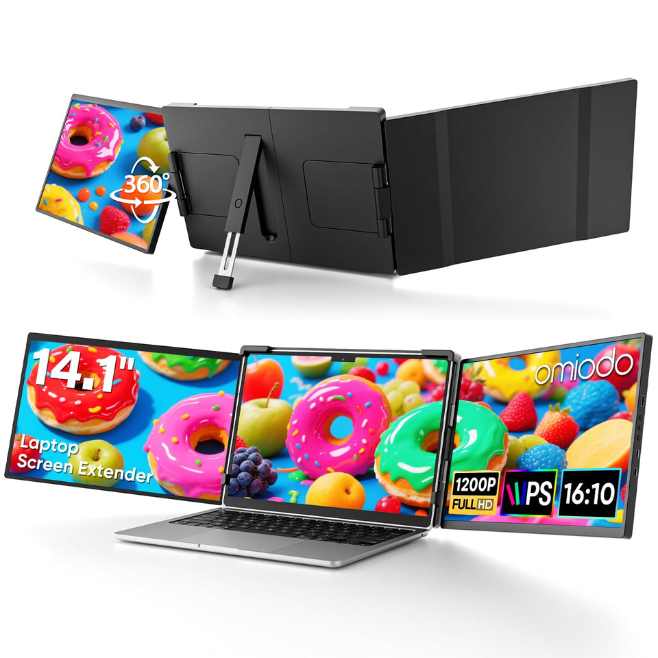 Omiodo 14in screen extender displays a triple-monitor setup for on-the-go productivity.
