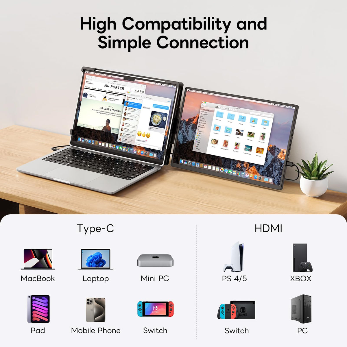 One-cable dual-screen setup for instant productivity without drivers.