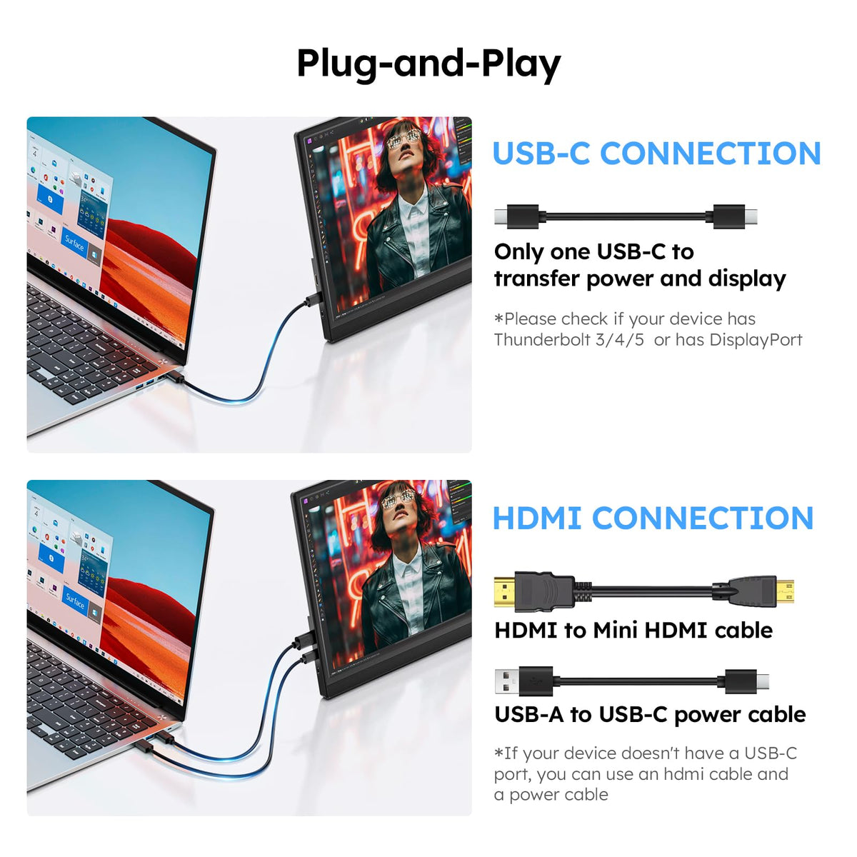 Omiodo portable monitor USB-C HDMI connectivity enabling universal compatibility with laptops, consoles, and phones.