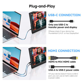 Omiodo portable monitor USB-C HDMI connectivity enabling universal compatibility with laptops, consoles, and phones.