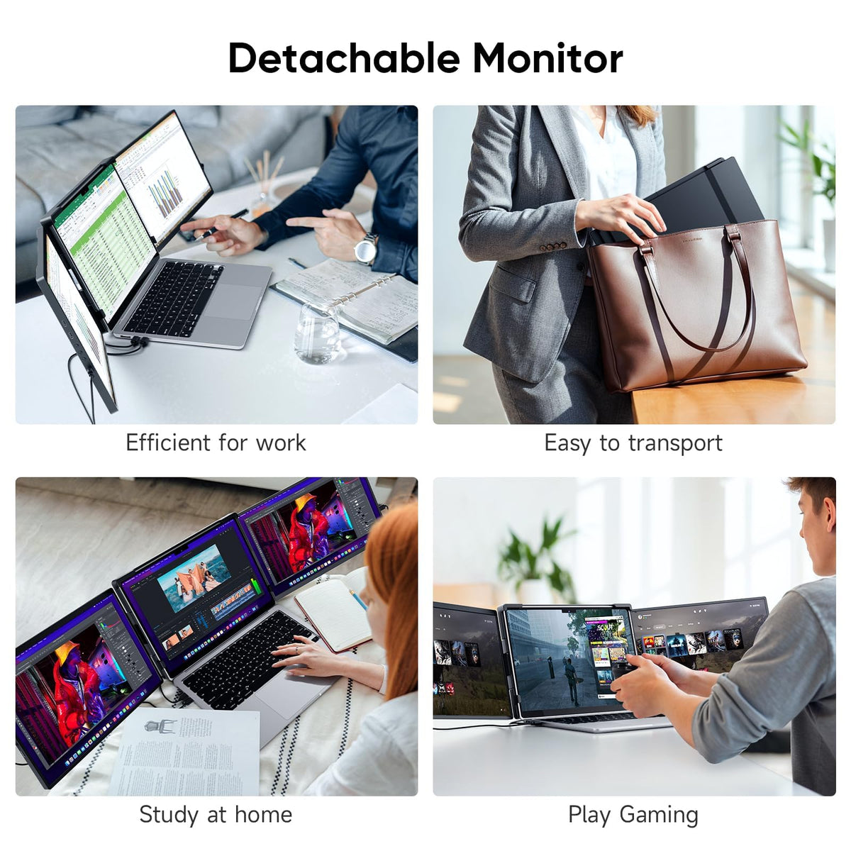 Omiodo travel-friendly triple display fits in a backpack for remote work.