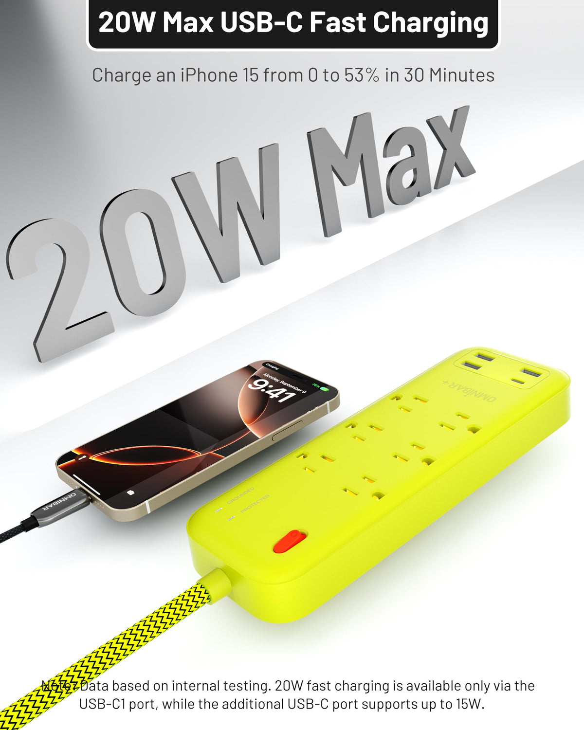 Braided 6ft cord for durable, tangle-resistant power reach.