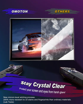 OMOTON close-up of 9H tempered glass surface resisting scratches and keeping clarity