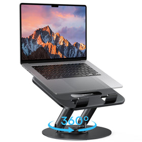 OMOTON laptop stand with 360-degree base enabling flexible collaboration and ergonomic viewing