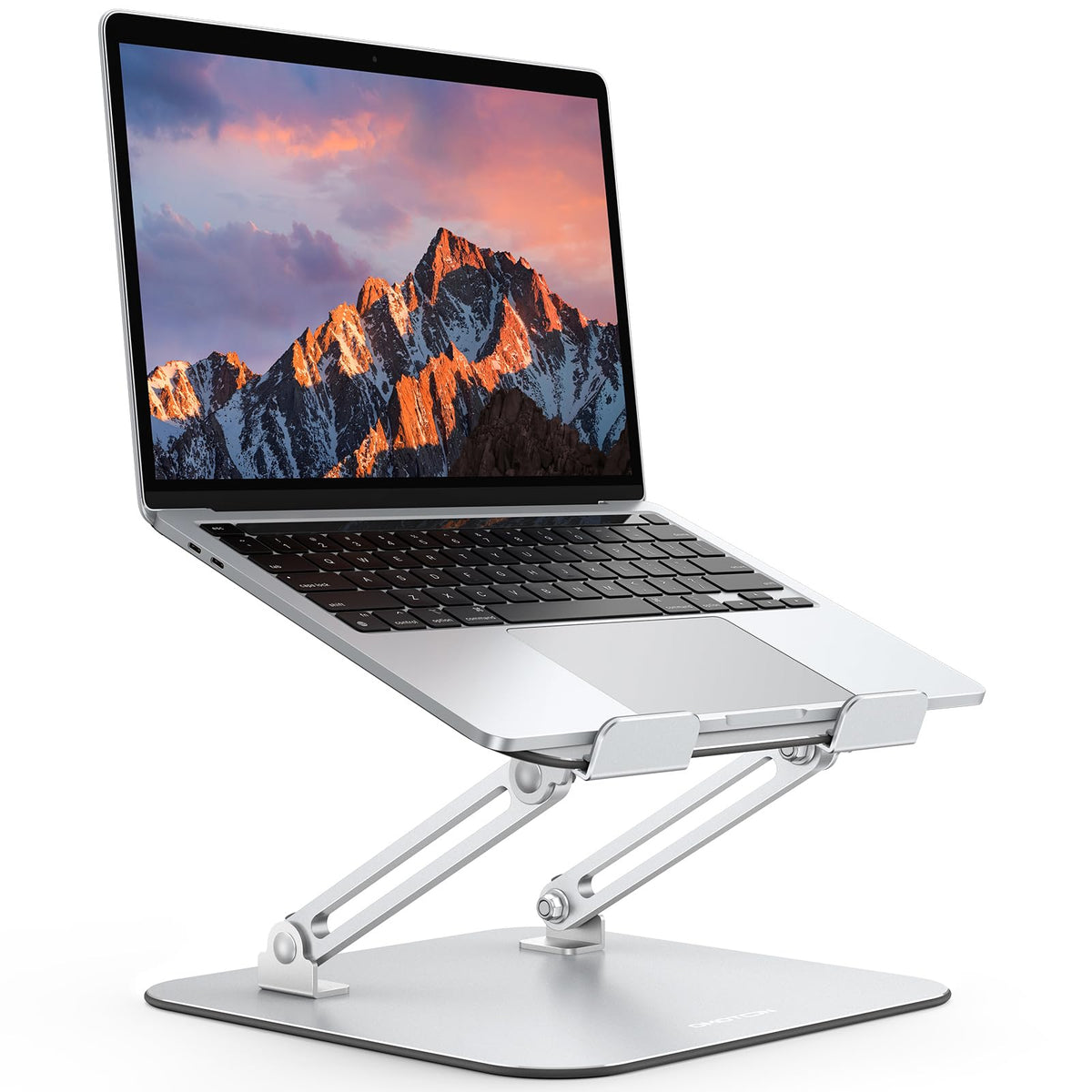 OMOTON laptop stand shows ergonomic design for comfortable viewing