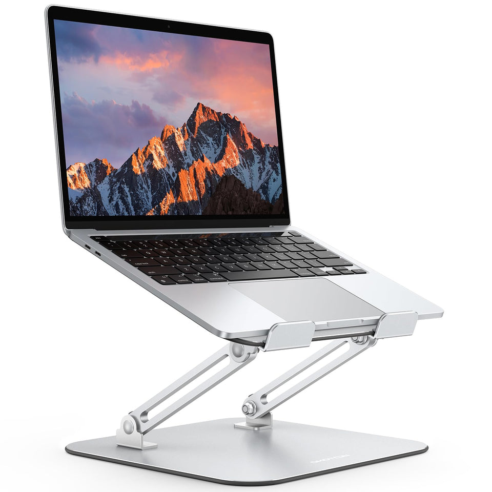 OMOTON laptop stand shows ergonomic design for comfortable viewing