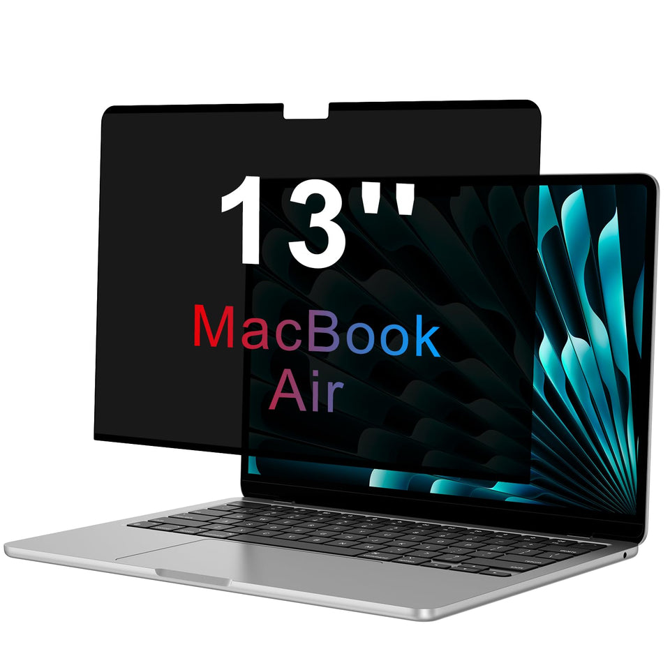 OMOTON magnetic privacy screen on MacBook Air 13 inch, front view for privacy.