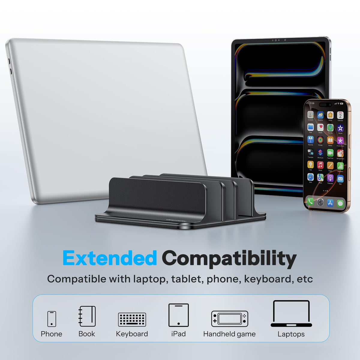 OMOTON stand holding three laptops to demonstrate organized multitasking setup