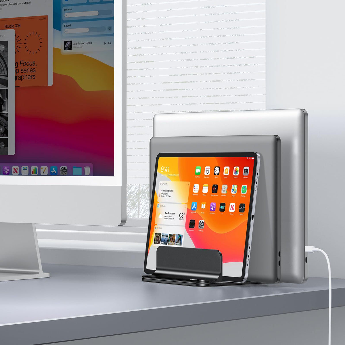 OMOTON on a tidy desk demonstrating neat storage and improved workspace