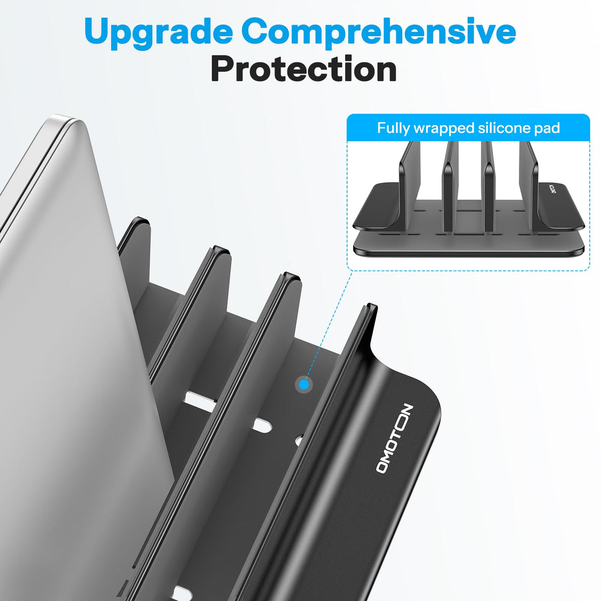 OMOTON base detail with non-slip pads adding stability on desktop surfaces