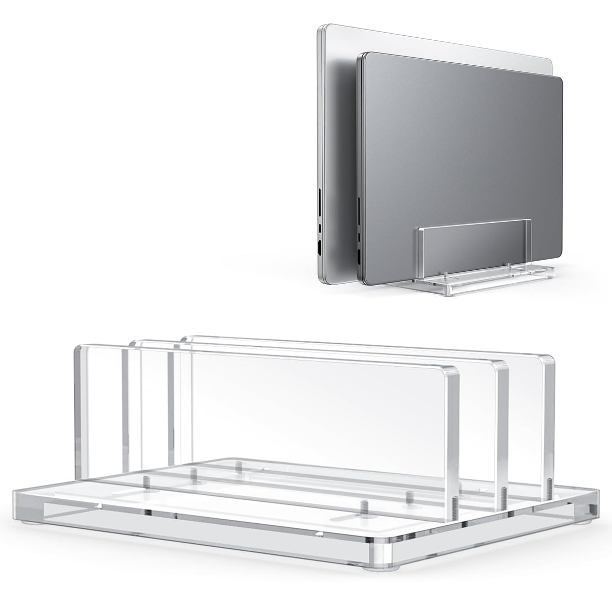 OMOTON vertical laptop stand dual slots for organized desk and easy device access