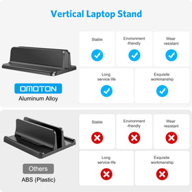 OMOTON vertical laptop stand front view showcasing slim profile and stability