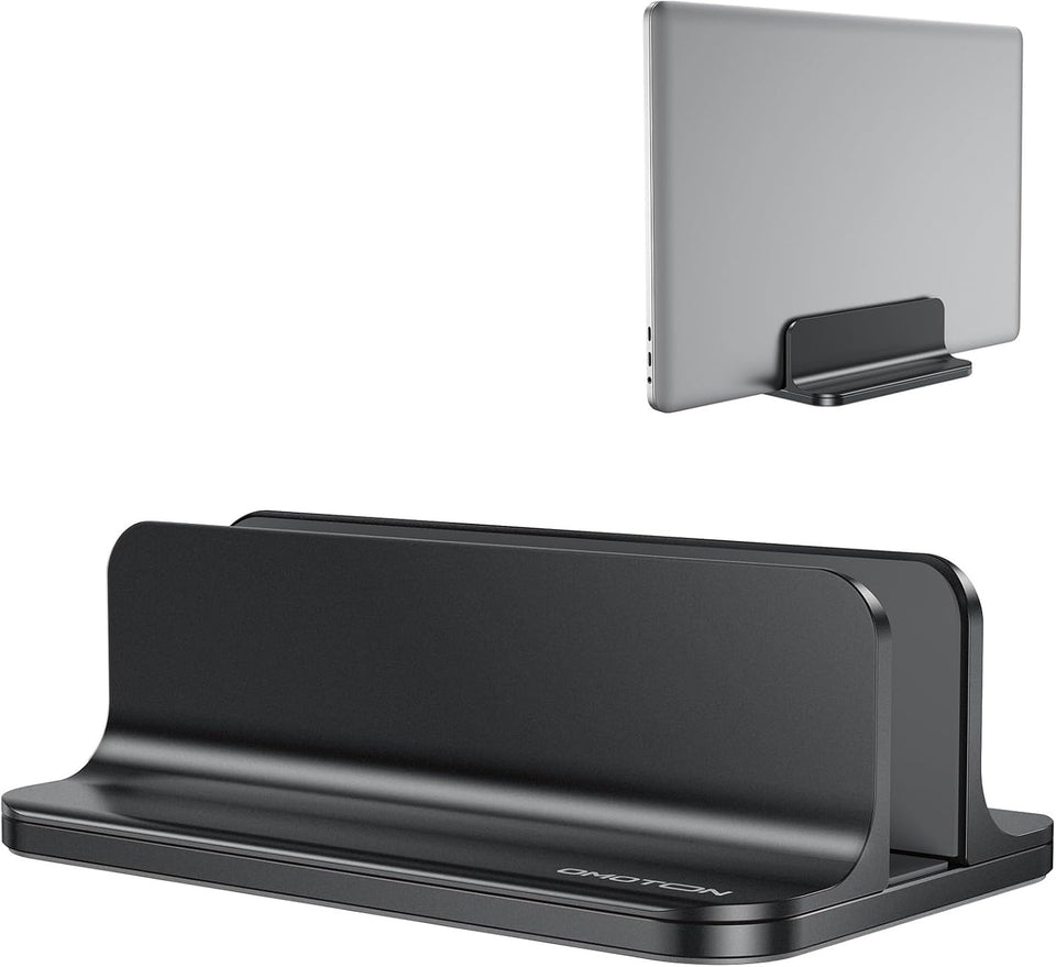 OMOTON vertical laptop stand side view for a compact desk setup and organization