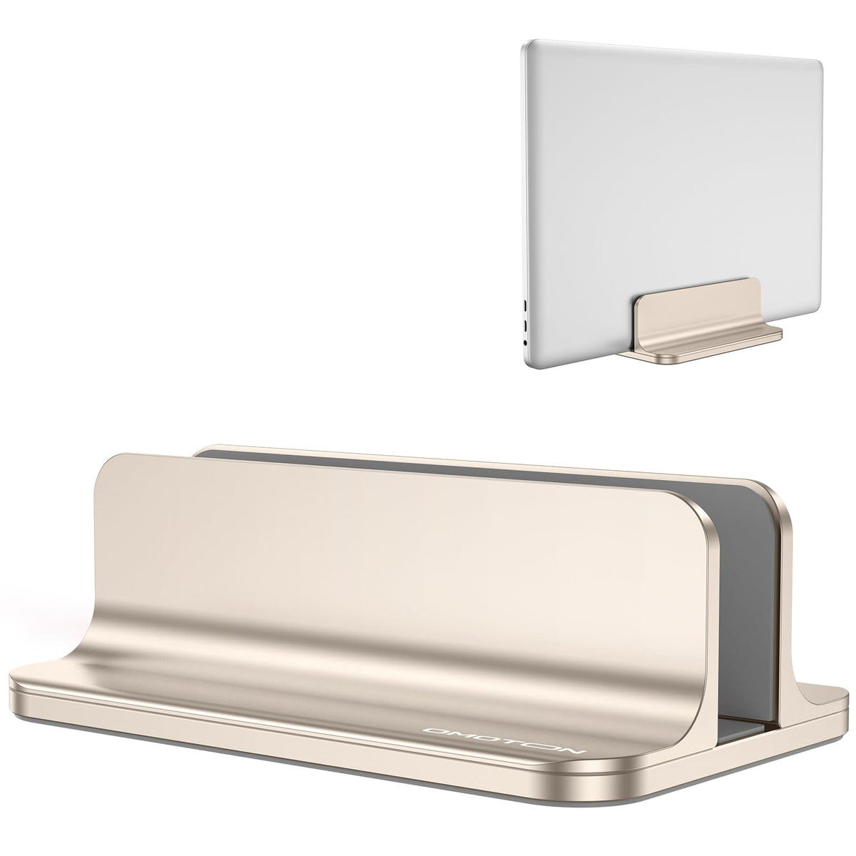 OMOTON vertical laptop stand Starlight front view enhances desk organization.