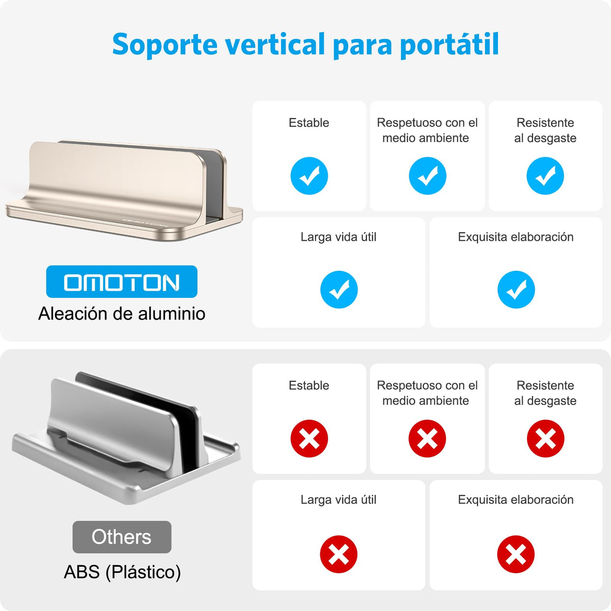 OMOTON vertical laptop stand Starlight side view shows slim profile and stability.