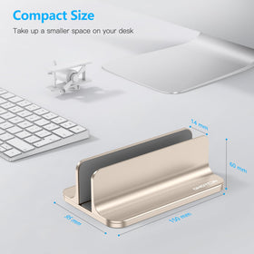 Width adjustment detail demonstrates compatibility with thick laptops.