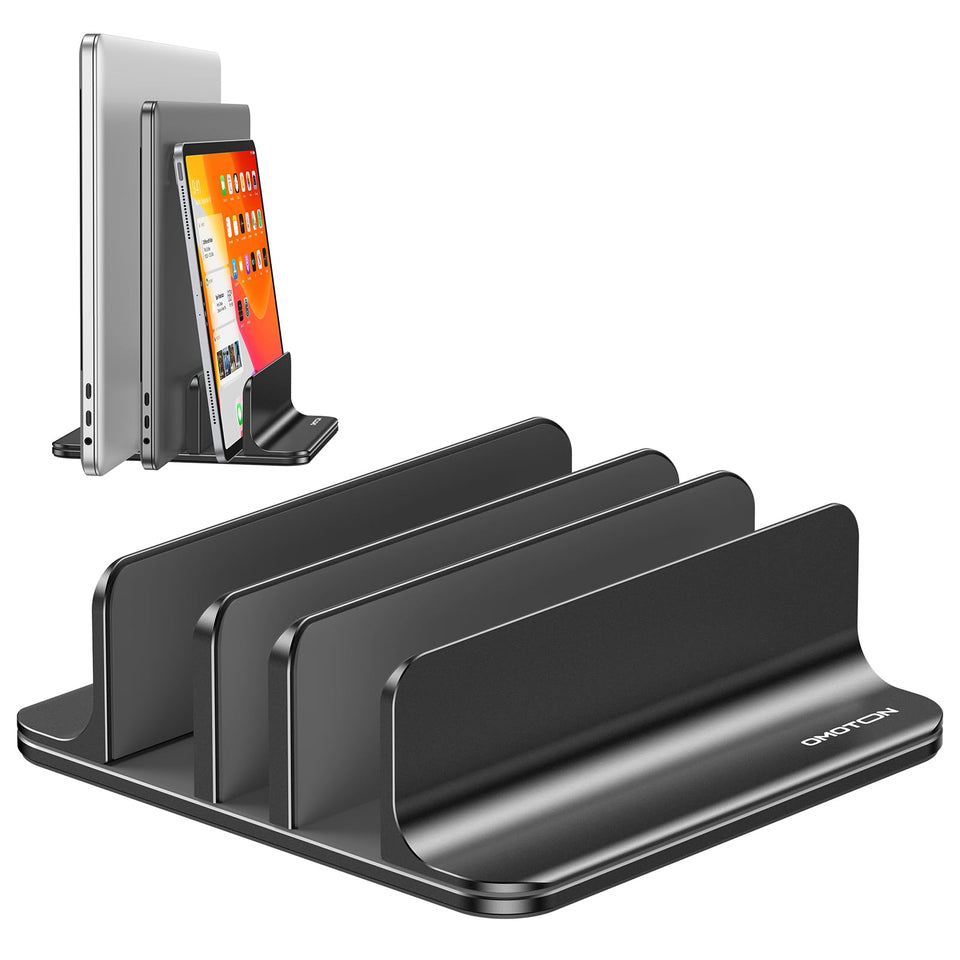 OMOTON front view of vertical stand showing three slots and space-saving benefit