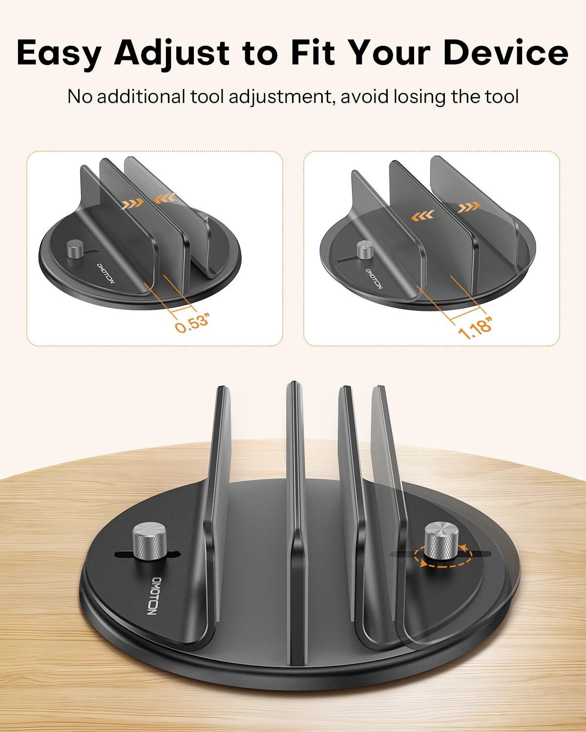 OMOTON dual-slot profile holding two devices to free desk space benefit