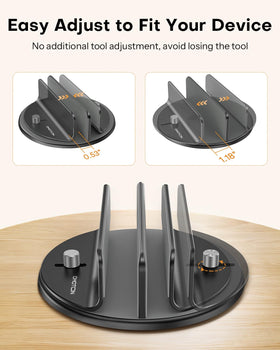 OMOTON dual-slot profile holding two devices to free desk space benefit