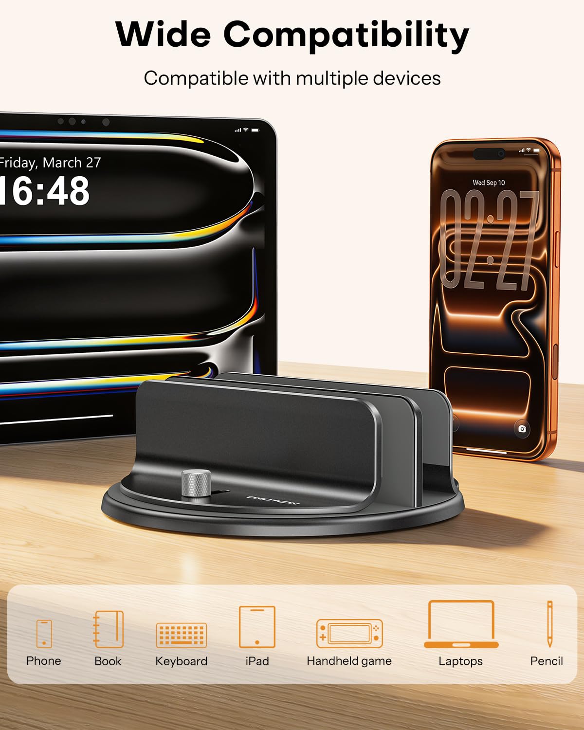 OMOTON stand holding laptop and iPad in use to streamline multitasking