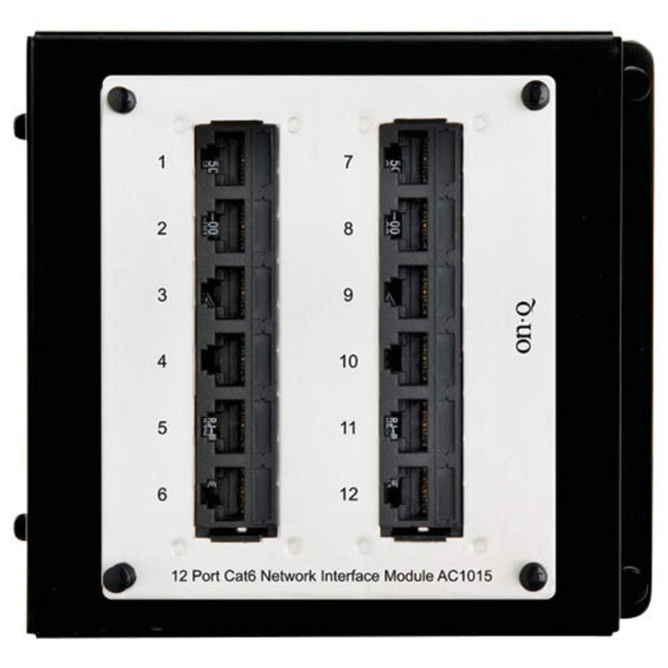On-Q 12-port Cat6 Network Interface Module in a home enclosure for data and voice