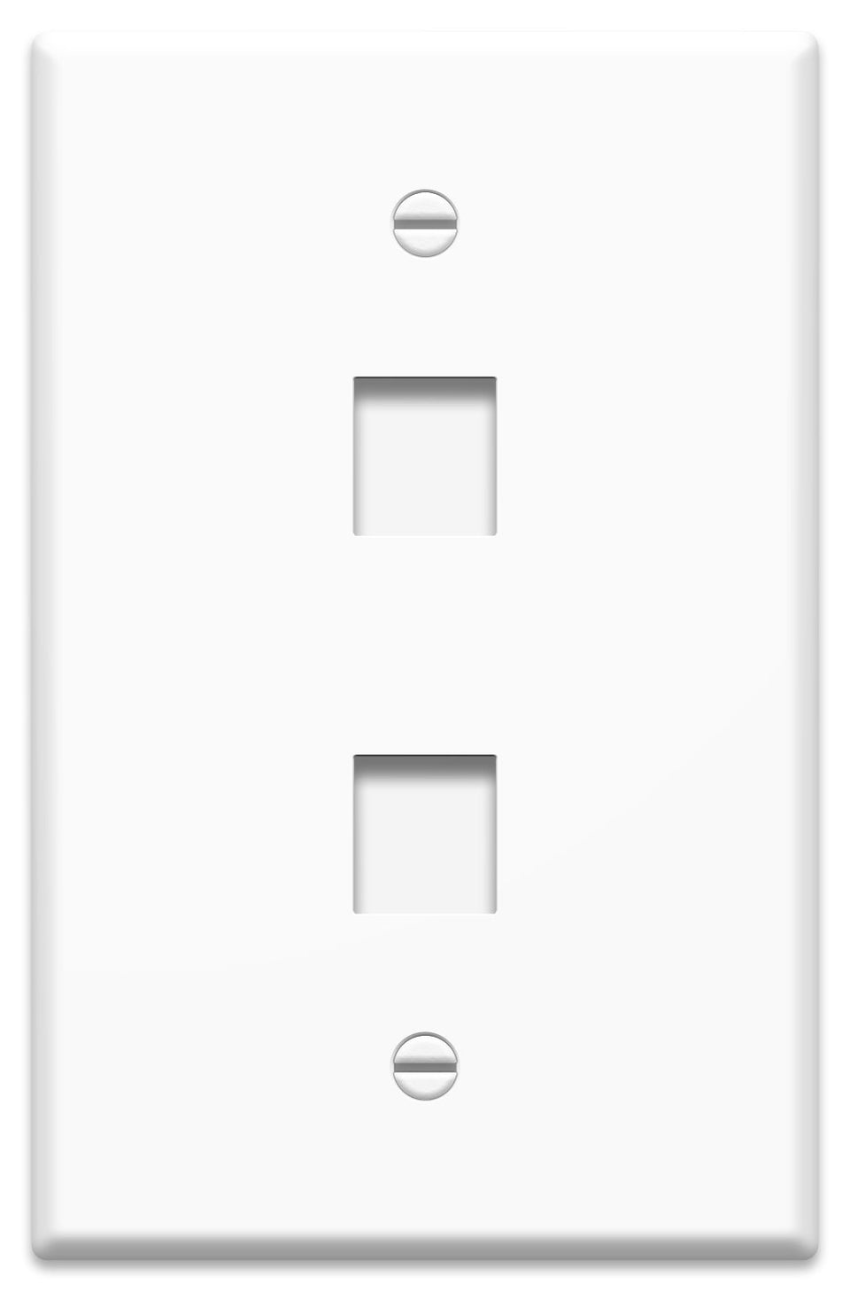 On-Q oversized two-port wall plate front view showing clean white finish and keystone openings for neat installations