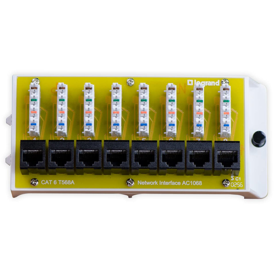 On-Q AC1068 8-port ethernet module with Cat6 connectivity for fast home networking.
