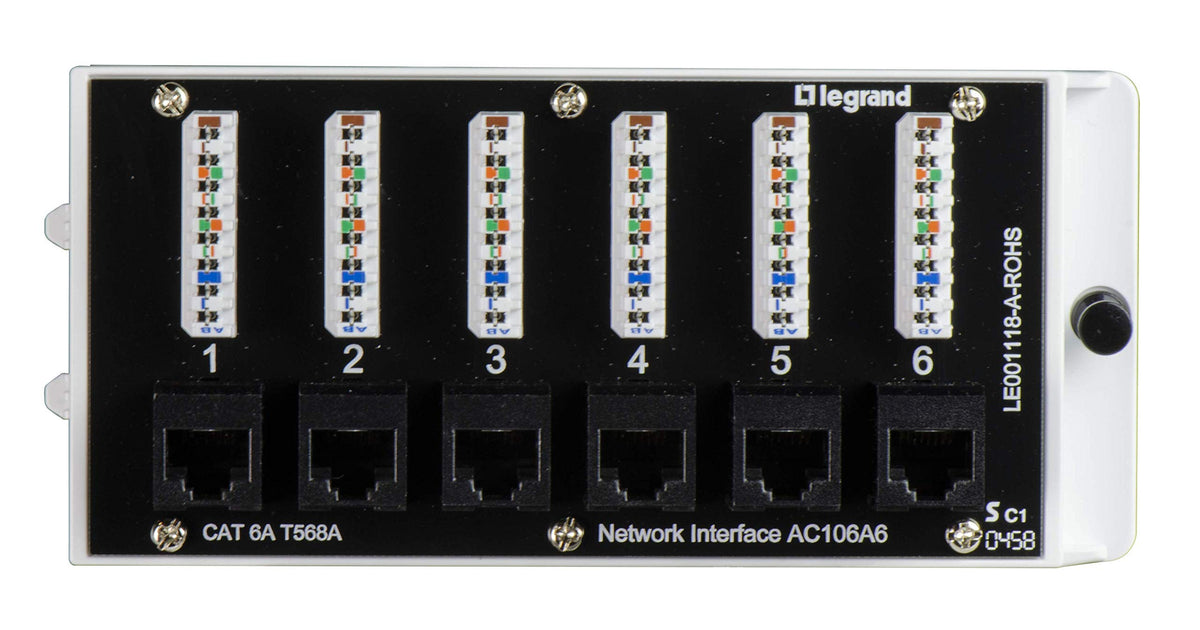 On-Q AC106A6 front panel with six RJ45 ports showing neat connections and organized wiring benefit