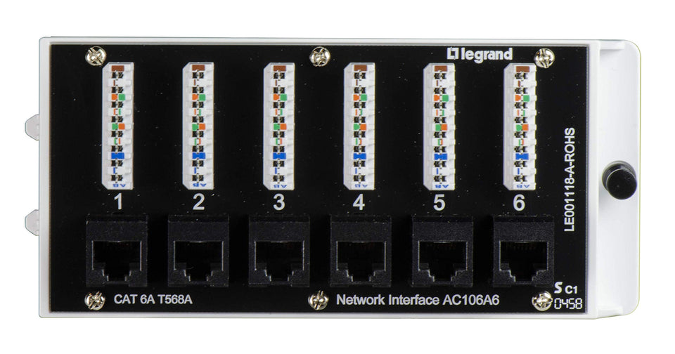 On-Q AC106A6 front panel with six RJ45 ports showing neat connections and organized wiring benefit