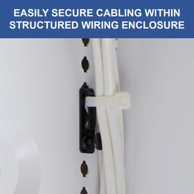 On-Q cable management clip withstands 20 lbs pull force to keep cables secured.