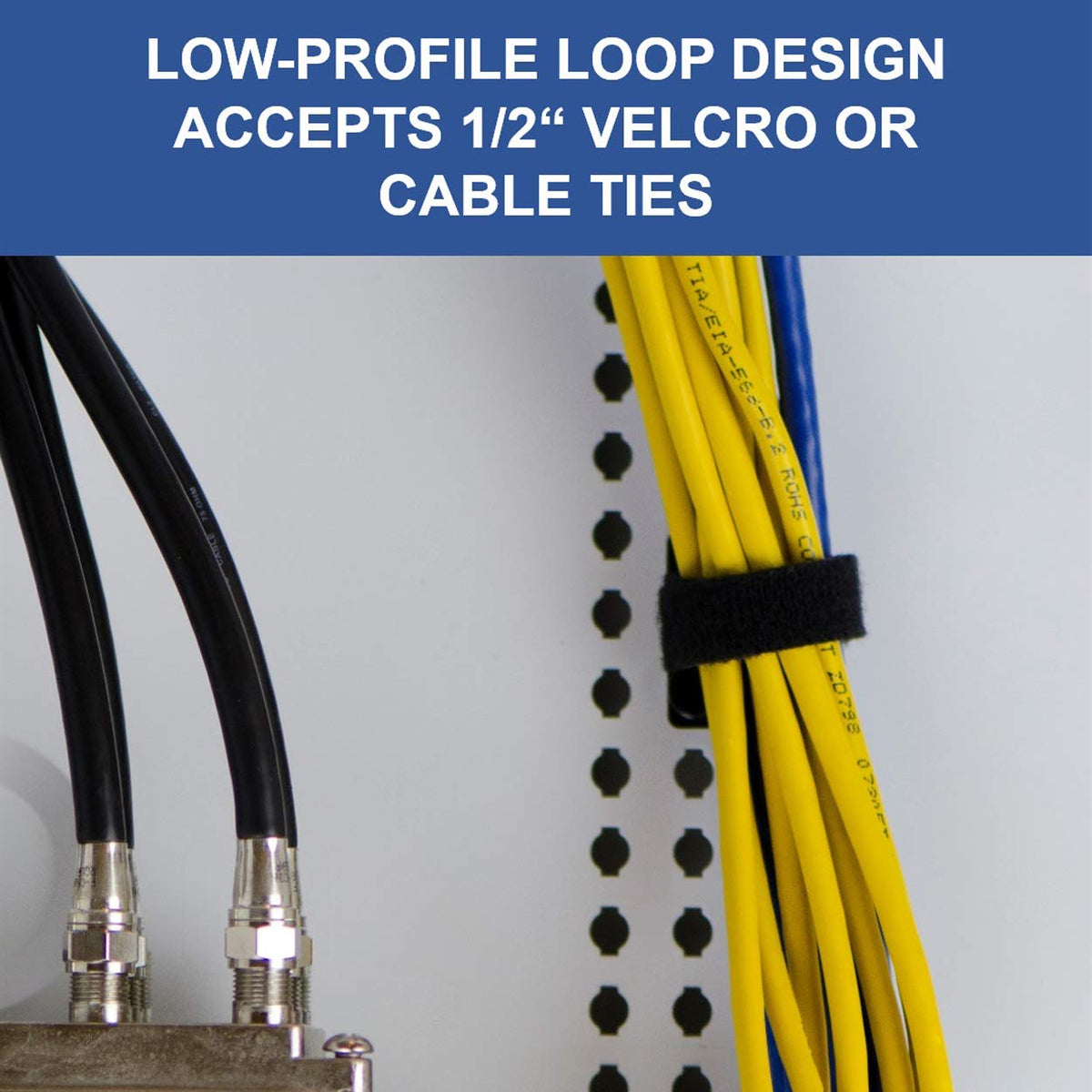 On-Q cable management clip no-tools install highlighted by plunger/grommet for quick setup.