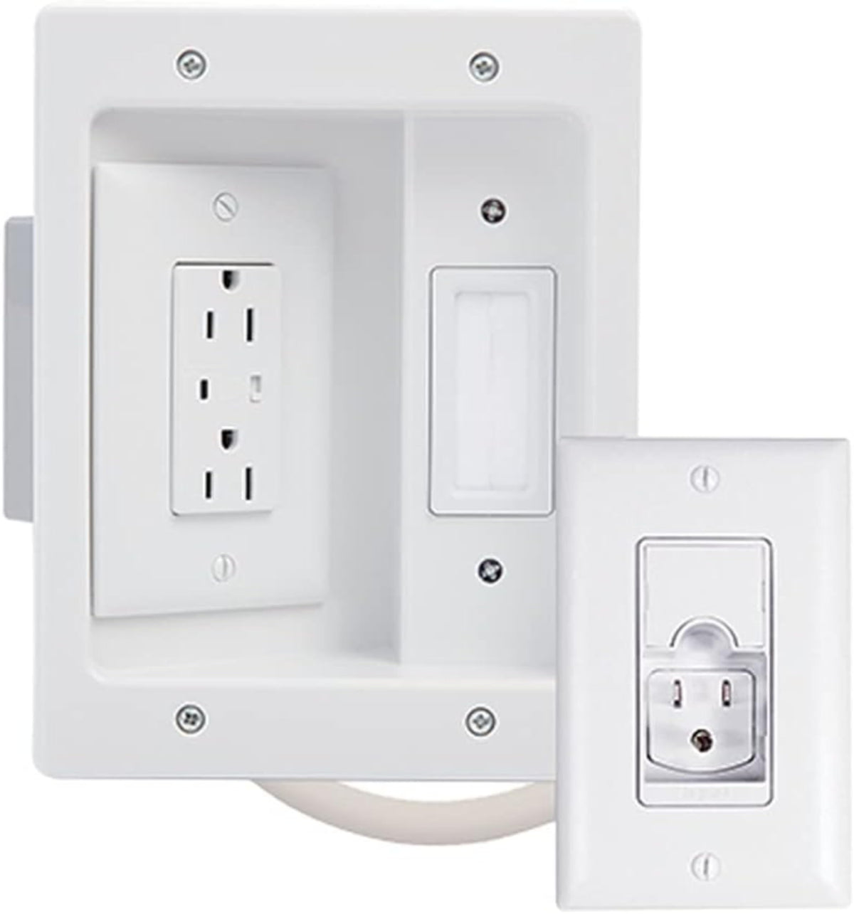 On-Q CPT306WV1 cable management box keeps wall-mounted TV cords hidden for a clean look.