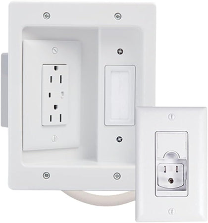 On-Q CPT306WV1 cable management box keeps wall-mounted TV cords hidden for a clean look.