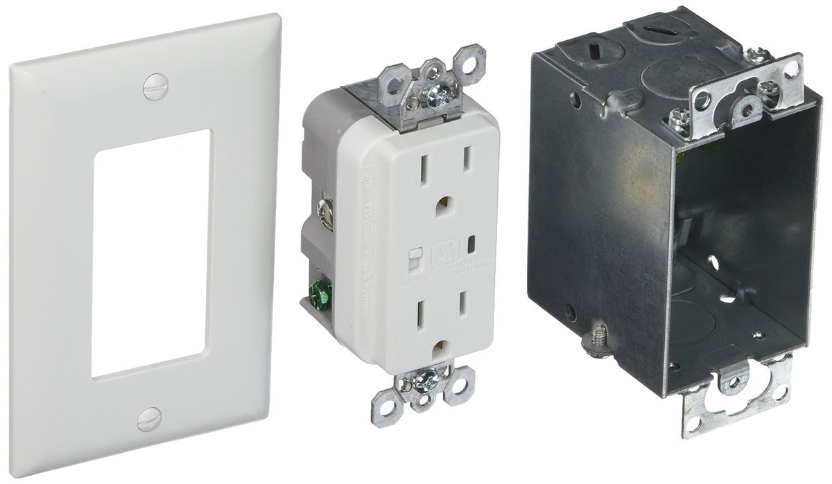 On-Q front view of assembled surge-protected duplex outlet showing neat installation benefit