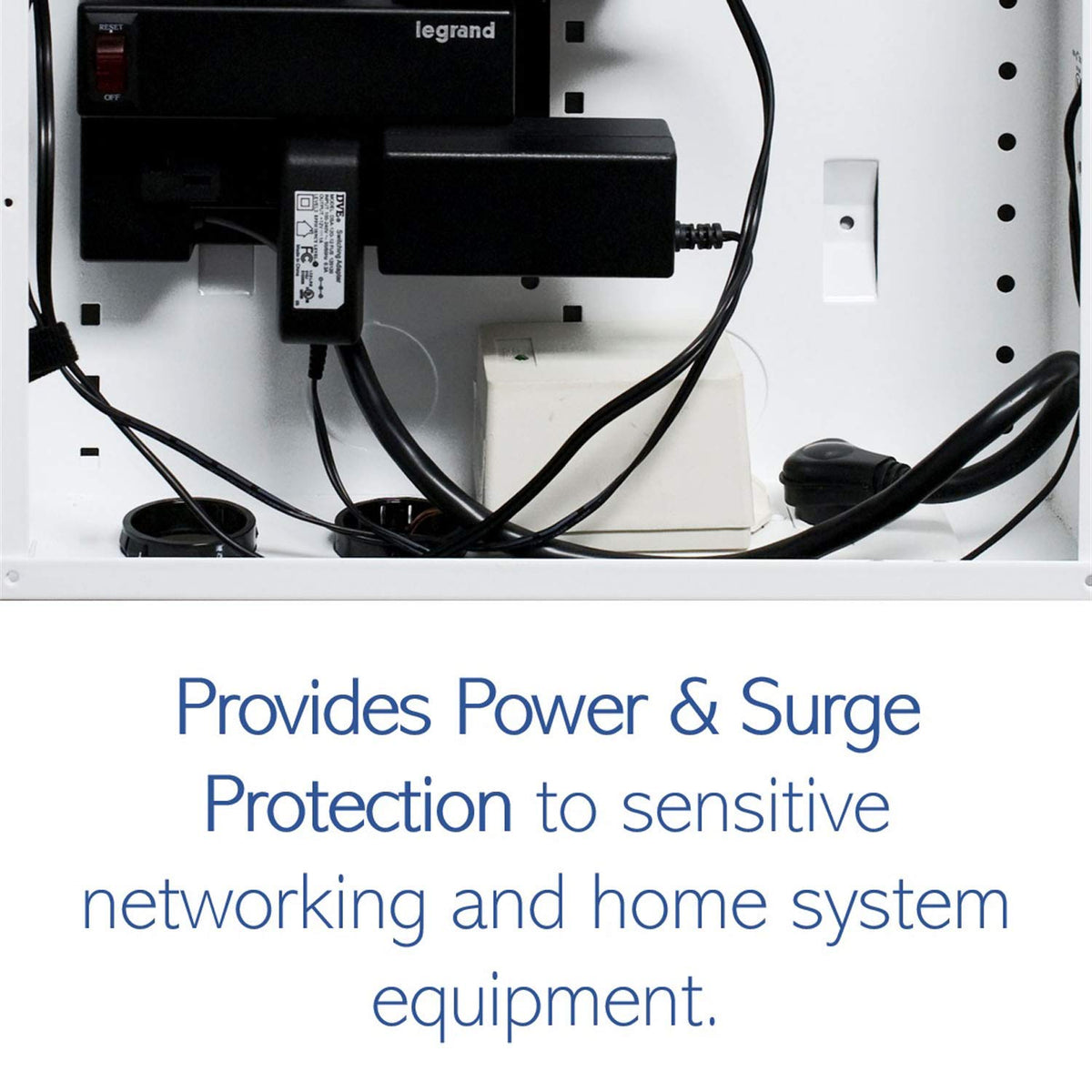 On-Q in use with router and switch plugged in showing organized power distribution benefit