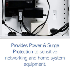 On-Q in use with router and switch plugged in showing organized power distribution benefit