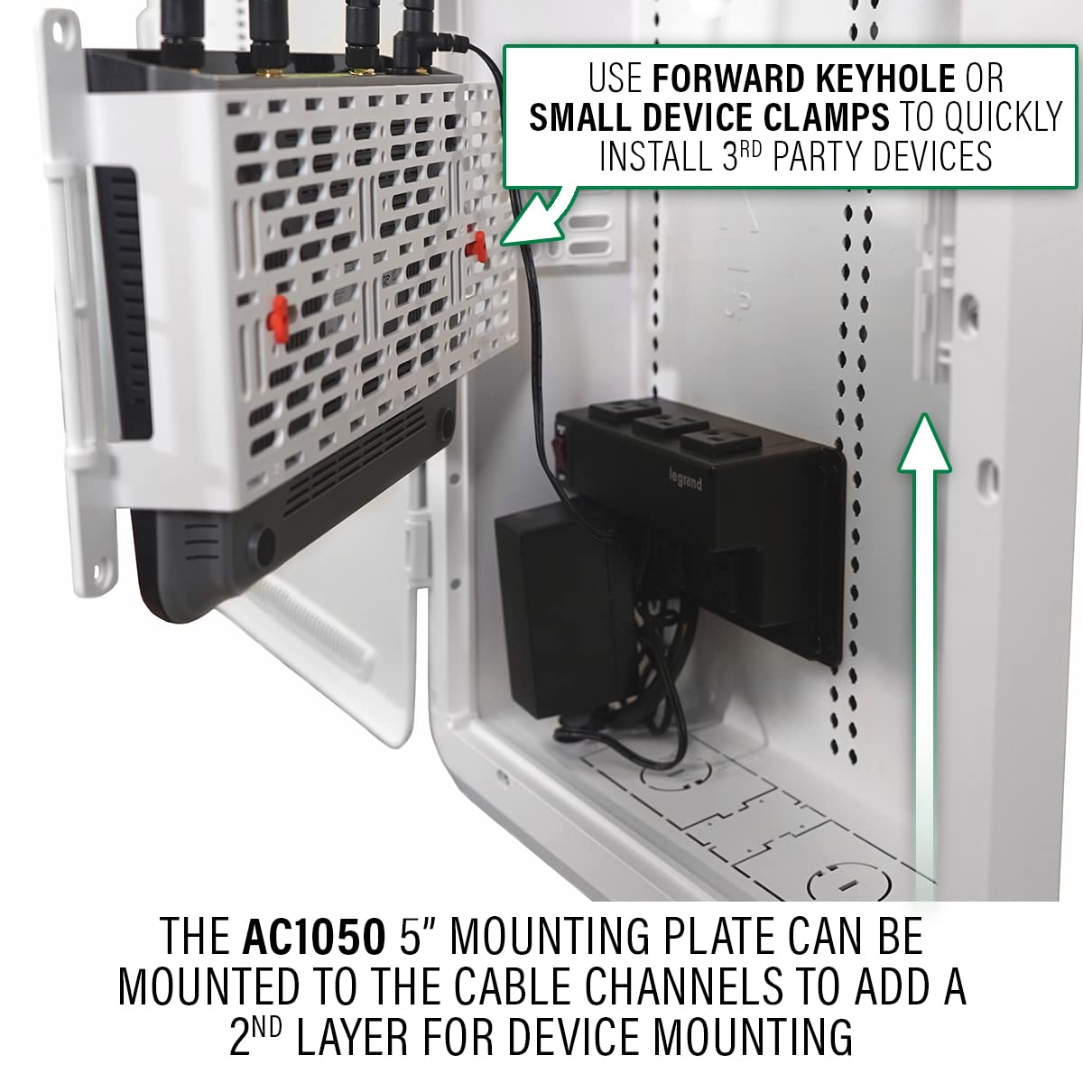 On-Q mounted switch and patch panel inside enclosure illustrating tidy professional layout