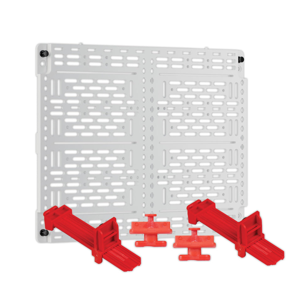 On-Q universal mounting plate close-up for secure devices in enclosure