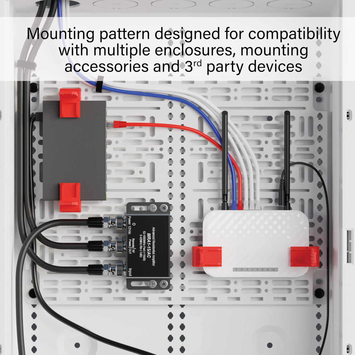 On-Q mounting plate mounted horizontally inside a plastic enclosure