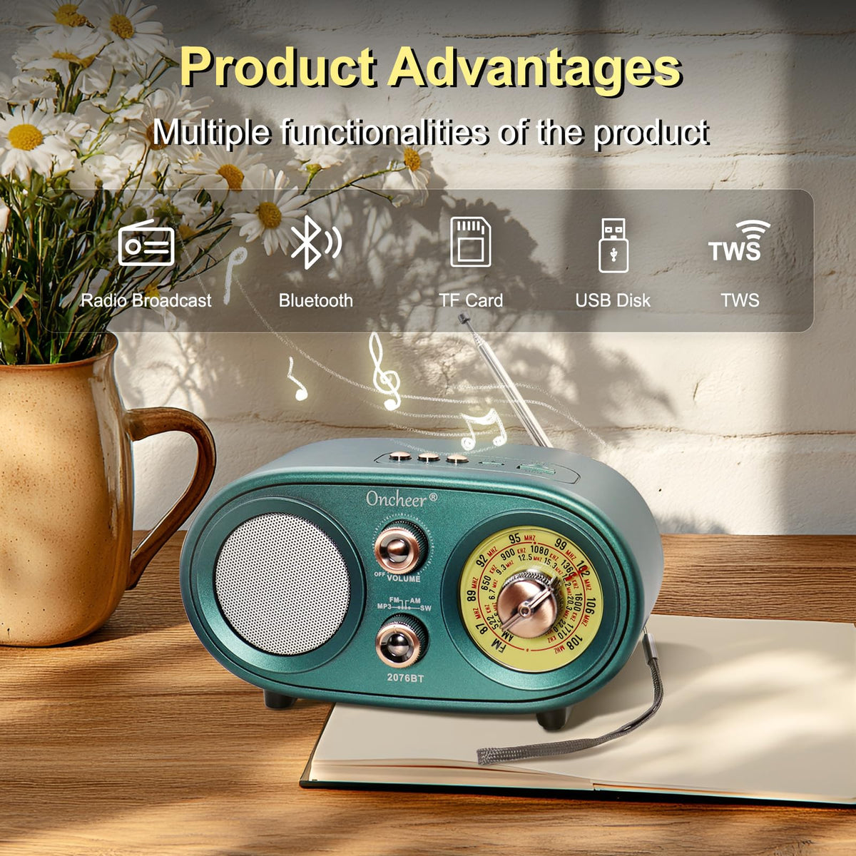 Oncheer adjustable 360° antenna improves reception for clear FM/AM/SW listening.